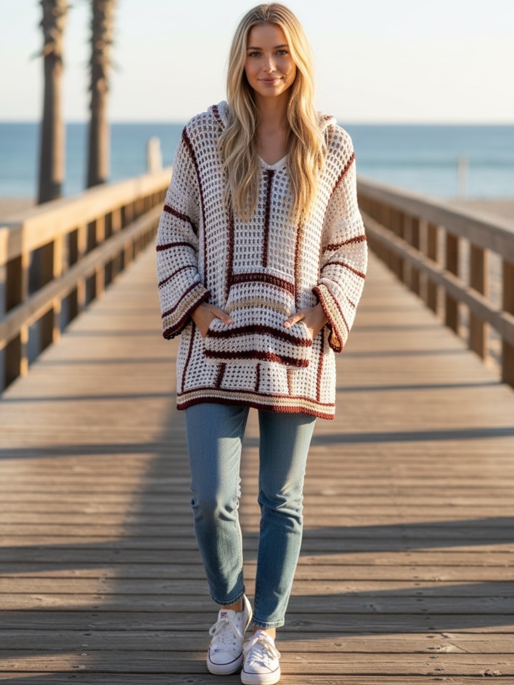 Vintage Havana Cream Waffle-Knit Pullover Poncho with Brown Stripes